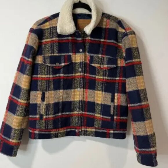 Levi's Women's Wool Trucker Jacket Plaid Red Blue Sherpa Snap Small - Picture 1 of 8